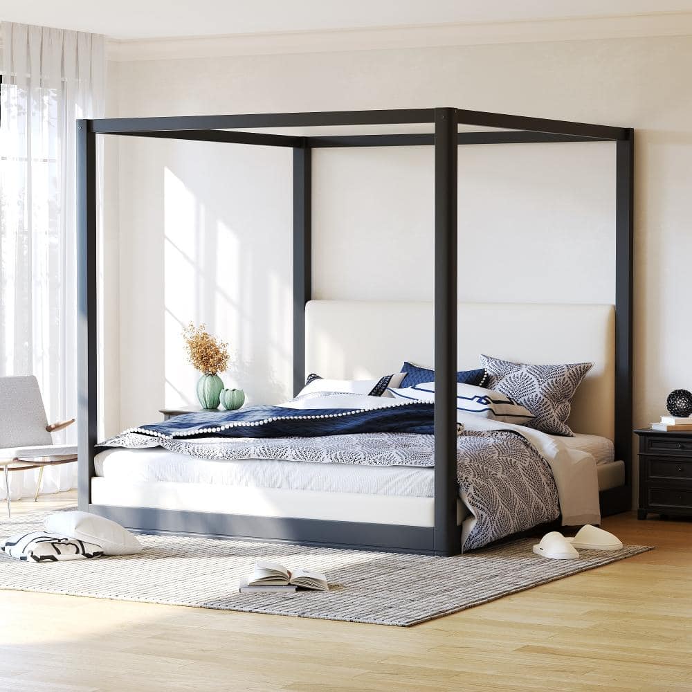 Black Wood Frame Queen Size Canopy Platform Bed with Upholstered Headboard price history on PriceWatchPro