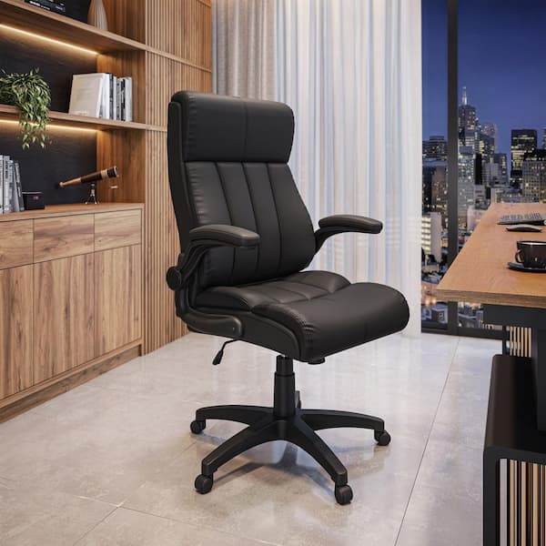 TECHNI MOBILI Faux Leather Height Adjustable Ergonomic Executive Office Chair in Black with Padded Flip-Up Arms