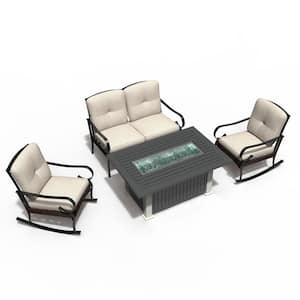 Lirika Gray 4-Piece Patio Conversation Sofa Set with Aluminum Fire Pit Table and Beige Cushions