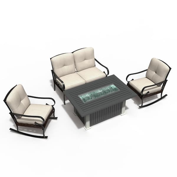 DIRECT WICKER Lirika Gray 4-Piece Patio Conversation Sofa Set with Aluminum Fire Pit Table and Beige Cushions