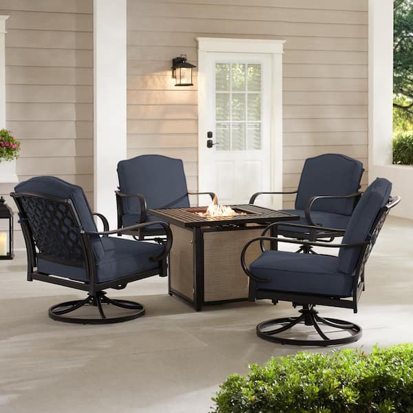 Hampton Bay Laurel Oaks 5 Piece Brown Steel Outdoor Patio Fire Pit Seating Set With Cushionguard Sky Blue Cushions H192 01196400 The Home Depot - Laurel Oaks Patio Furniture Cushions