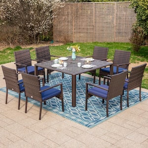 Black 9-Piece Metal Patio Outdoor Dining Set with Cast Aluminum Slat Square Table and Rattan Chair with Blue Cushion