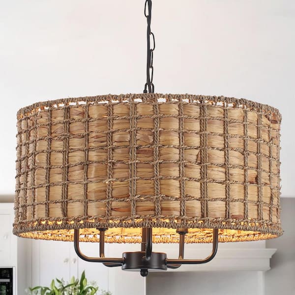 Bohemian 18.9 in. 5-Light Black and Brown Drum Ambient Chandelier with Hand Woven Bamboo Shade for Dining Room, Foyer