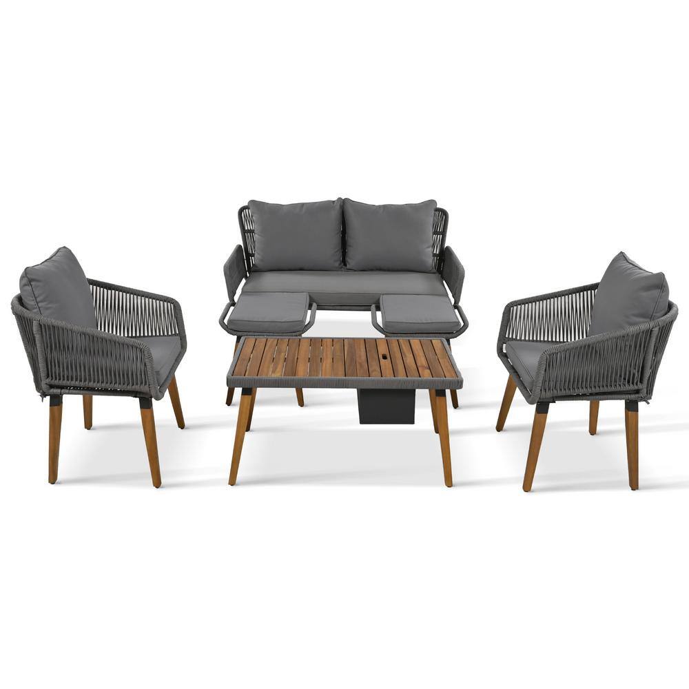 6-Piece Woven Rope Metal Patio Conversation Set with Grey Cushions Ottoman 