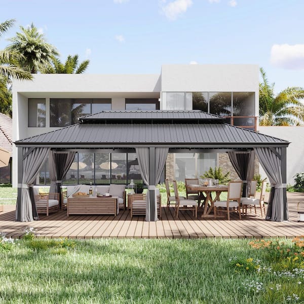24 ft. x 12 ft. Outdoor Double Roof Hardtop Gazebo with Gutters, Aluminum Frame, Ceiling Hook, Netting and Curtains