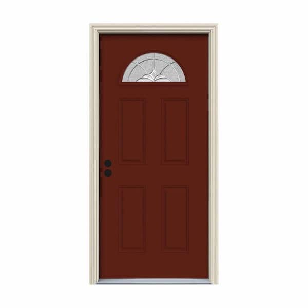 JELD-WEN 36 in. x 80 in. Fan Lite Langford Mesa Red w/ White Interior Steel Prehung Right-Hand Inswing Front Door w/Brickmould