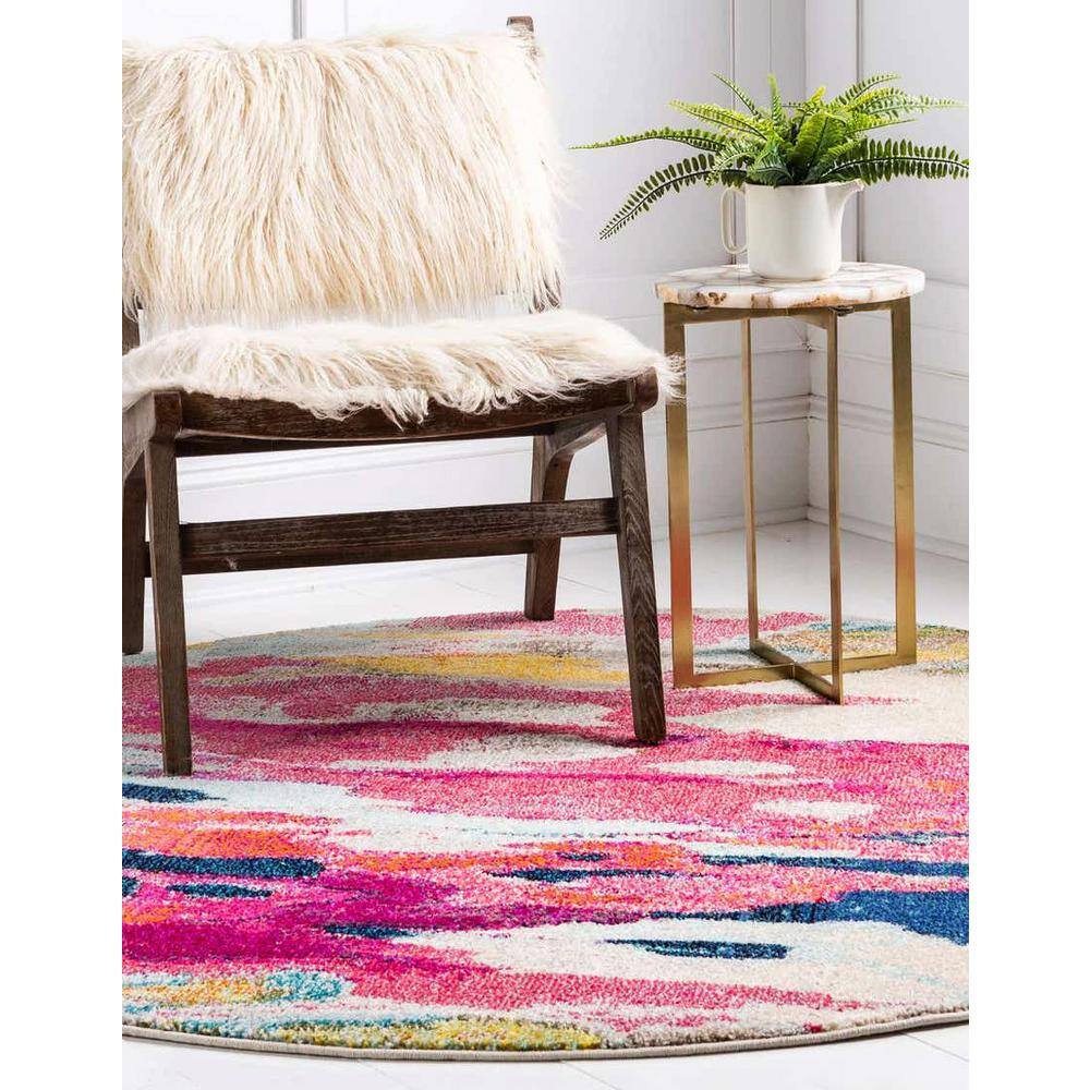 Vibrant Abstract Round Synthetic Rug in Pink & Blue, 6ft