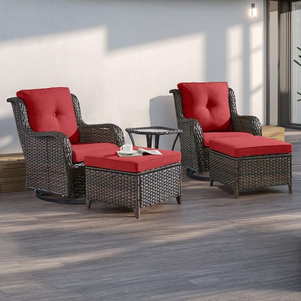Arcline 5-Piece Brown Wicker Patio Conversation Set with Red Cushions and Swivel Glider Chairs/Ottomans/Side Table