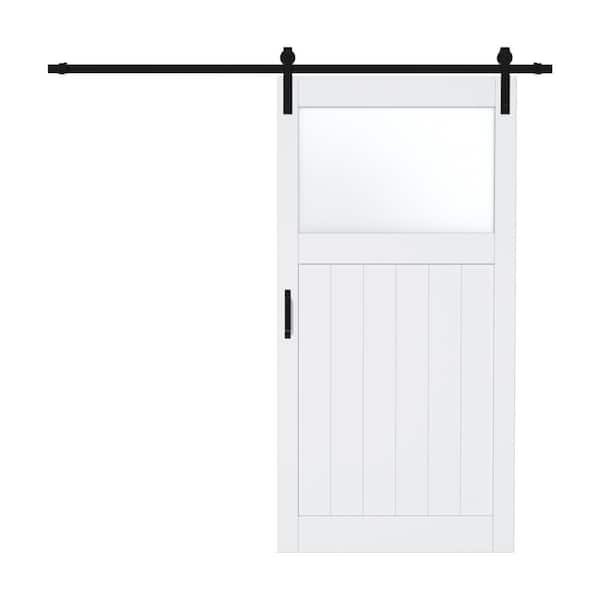 ARK DESIGN 42 in. x 84 in. Half Lite Tempered Frosted Glass White Finished MDF Sliding Barn Door with Hardware Kit