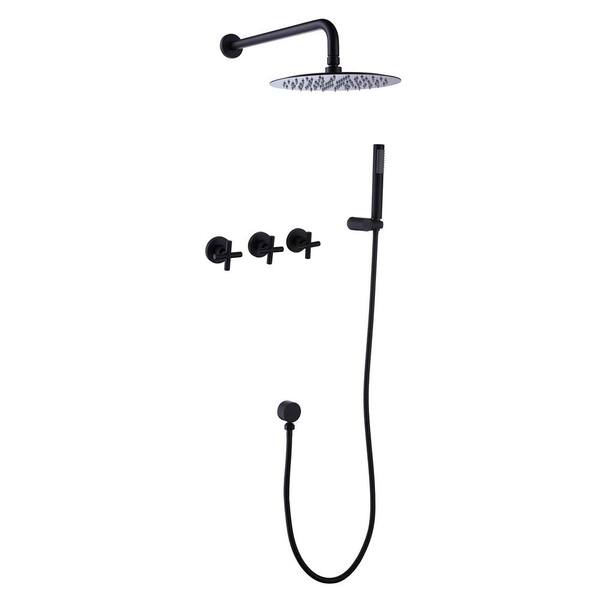 AIMADI Triple Handle 1-Spray Wall Mount Shower Faucet 2.9 GPM with Ceramic Disc Valves 10 in. Shower System in Matte Black