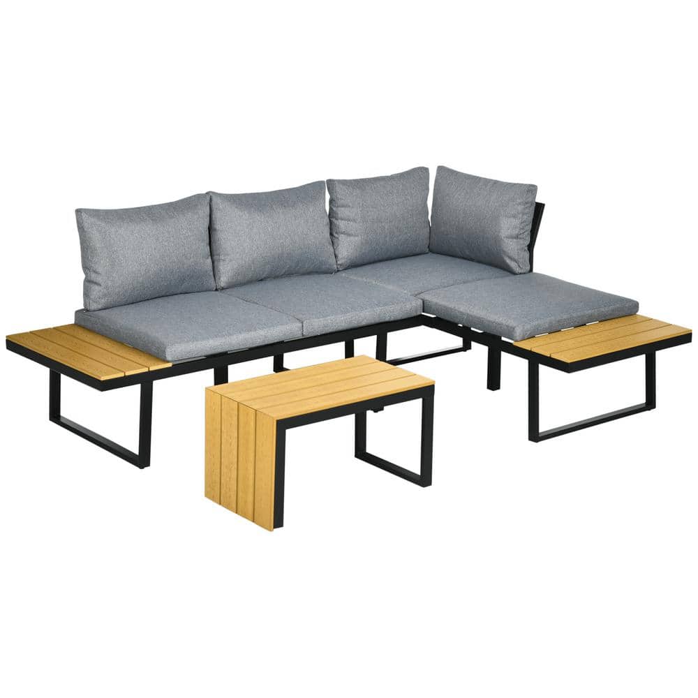 Gray Cushioned Aluminum Outdoor Sectional Set with Woodgrain Table