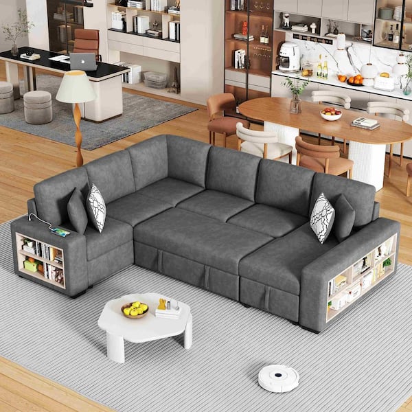 109 in. Square Arm Chenille Sectional Sofa with 2 USB Ports, a Storage Chaise Lounge and Four Back Pillows in. Gray