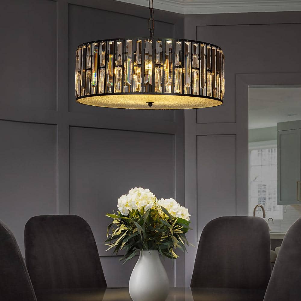 6-Light Black Drum Chandelier with Crystal Accents