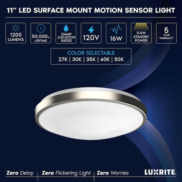 11 in. Selectable LED Flush Mount Light with Motion Sensor 5CCT 2700K-5000K 16-Watt 1200 Lumens Brushed Nickel