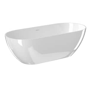 59 in. x 29.5 in. Luxury Handcrafted Stone Resin Freestanding Soaking Bathtub with Overflow in Glossy White