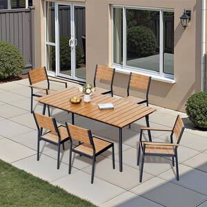 70 in. Brown Aluminum Wood-Like Outdoor Dining Set with Umbrella Hole and Stackable Chairs (7 Pieces)