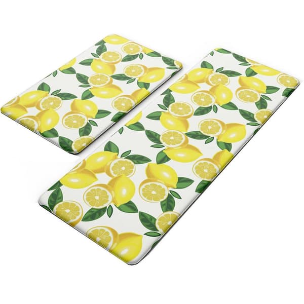 Cushioned Anti Fatigue Kitchen Mats Non Slip Indoor Set of 2 White Lemon (17.3 in. x 29 in. + 17.3 in. x 47 in.)