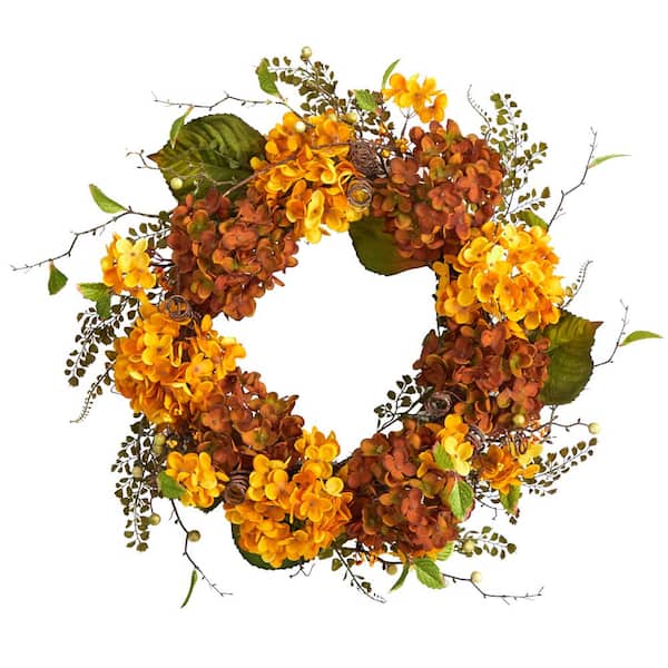 Nearly Natural 24 in. Orange Fall Hydrangea Artificial Autumn Wreath