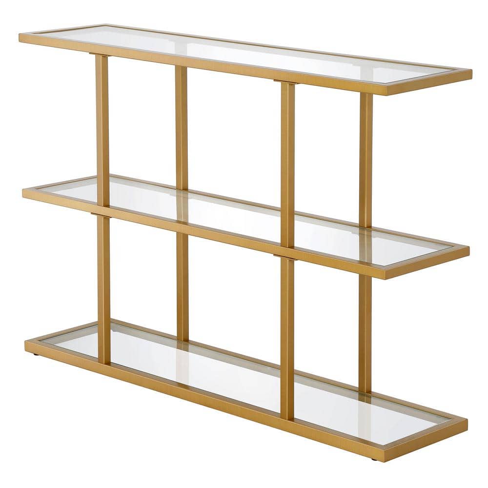 Cantilevered Brass & Tempered Glass Console Table with Triple Shelves
