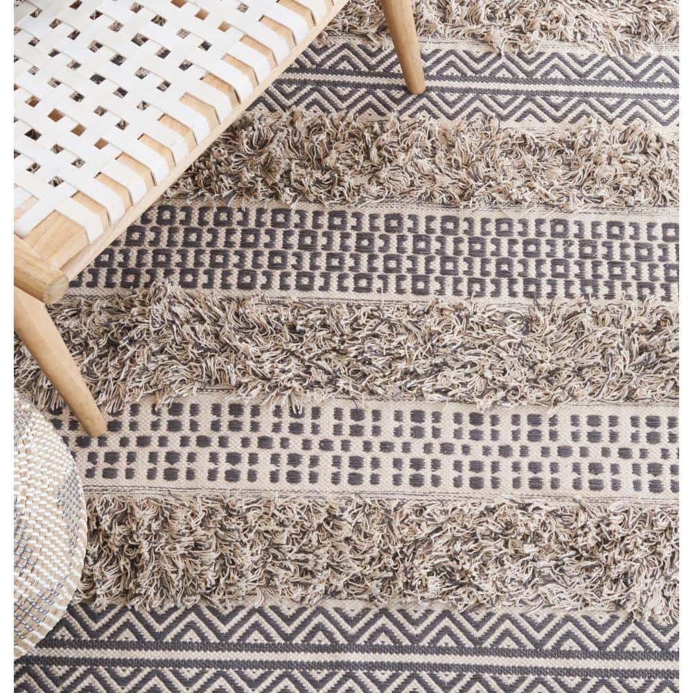 Ivory and Grey Handwoven Cotton Runner Rug