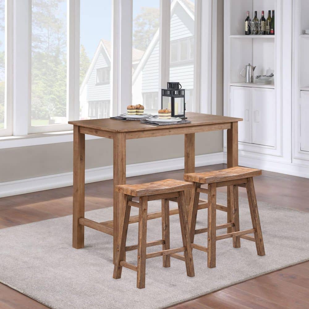 Rustic Acacia Wood Saddle Counter Stools, Barnwood Wire-Brush - Set of 2