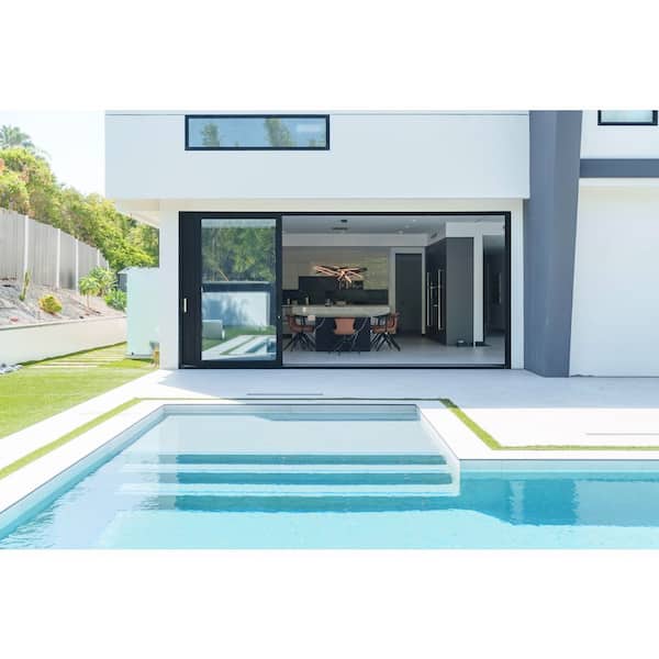 144 in. x 96 in. Matte Black Universal Handing Aluminum Sliding Patio Door with Aluminum Frame and Lockset