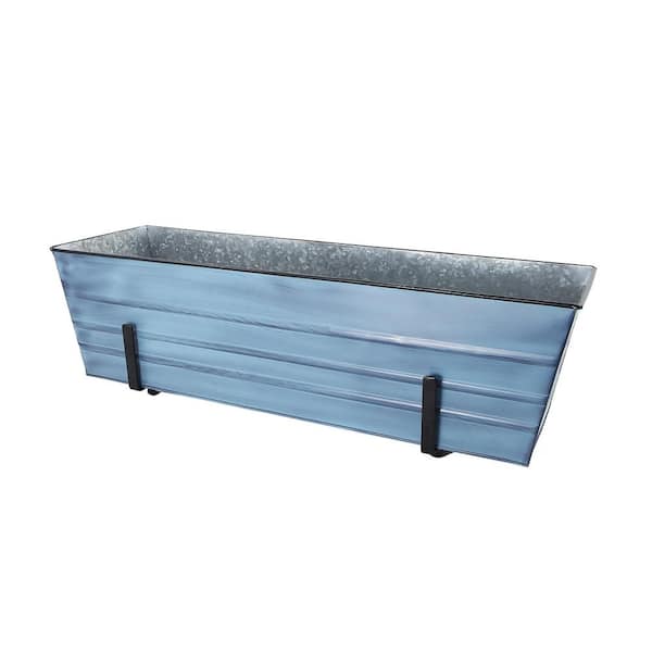 ACHLA DESIGNS Large 35.25 in. W Nantucket Blue Galvanized Steel Flower Box Planter with Brackets for 2 x 6 Railings