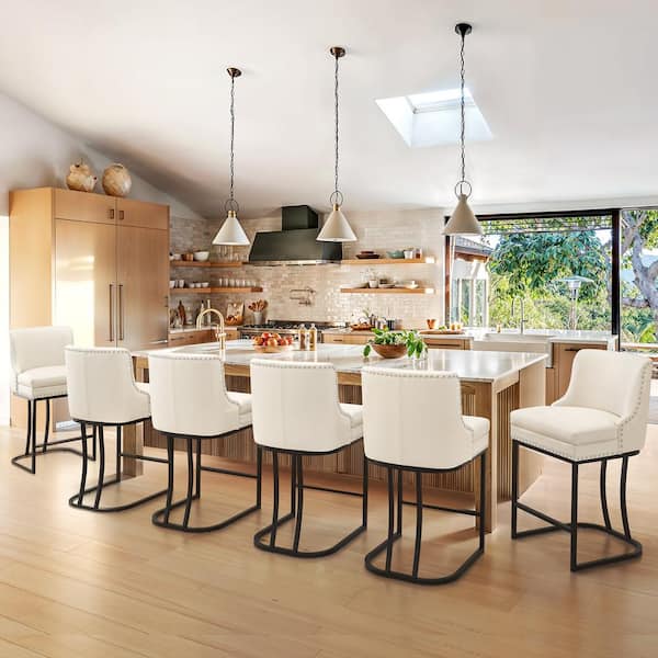 Aurora 26 in. Ivory Faux Leather Upholstered Counter Height Bar Stool with Double Cushion Counter Stool Set of 6