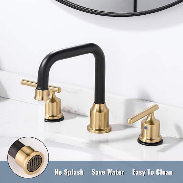 8 in. Widespread 2-Handle Bathroom Faucet with Pop Up Drain, 3 Hole Bathroom Sink Faucet in Black and Gold (2 Pack)
