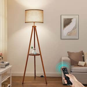 63 in. Walnut Dimmable Oak Tripod Floor Lamp with Remote Control and Beige Linen Shade