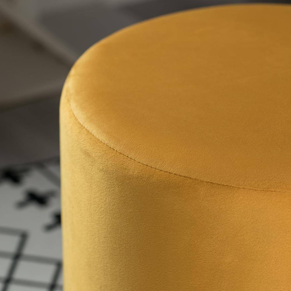 Mustard Velvet Round Ottoman Stool with Gold Metal Base