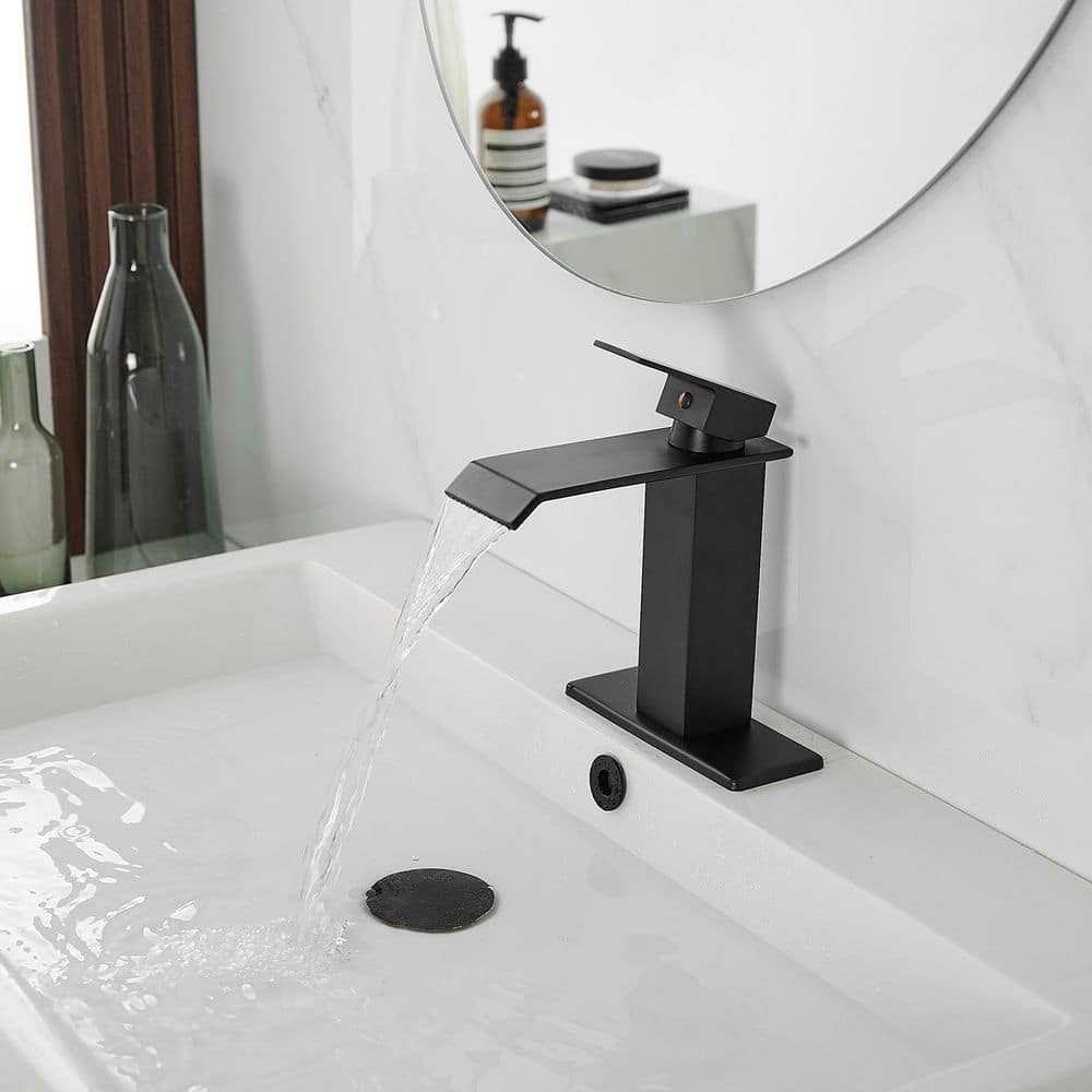 Matte Black Single-Handle Waterfall Bathroom Faucet with Supply Line