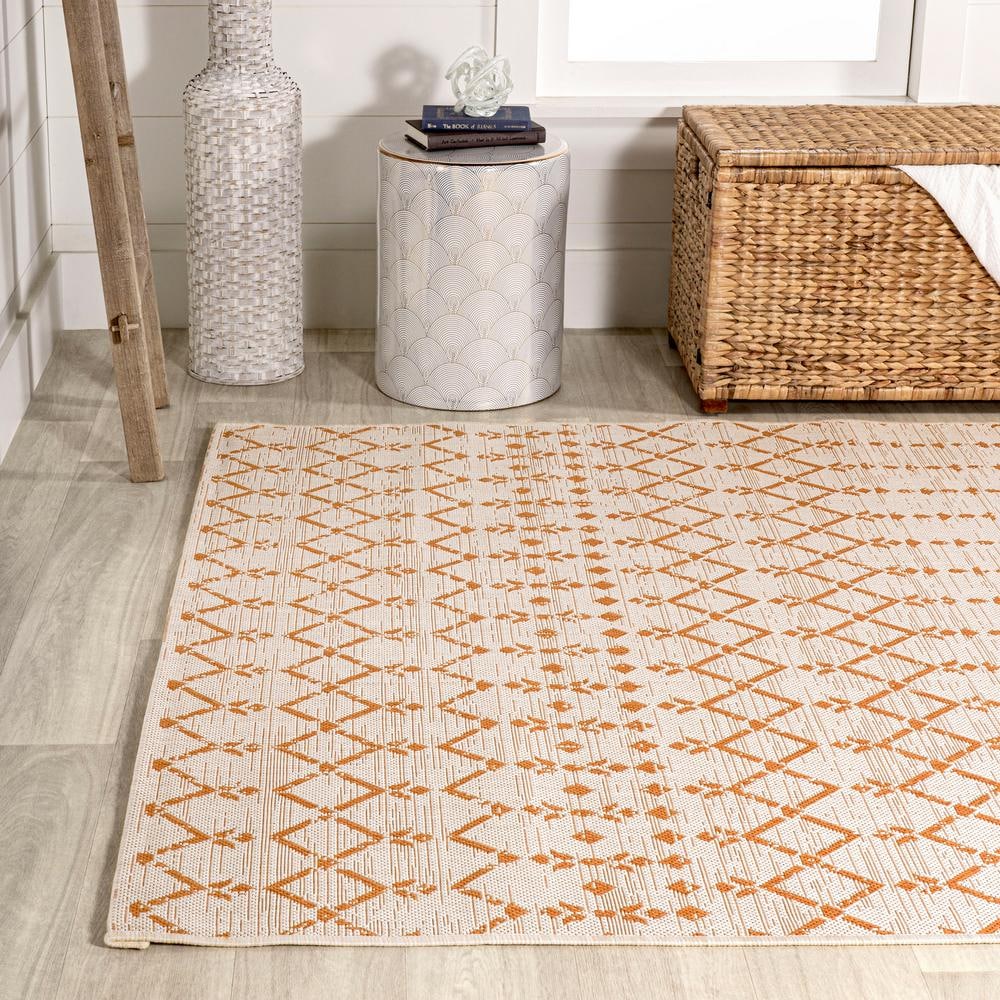 Cream and Orange Geometric Flatweave Indoor/Outdoor Rug