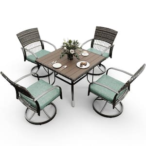 5-Piece Metal Patio Outdoor Dining Set with Square Table and Rattan Swivel Chairs with Green Cushion