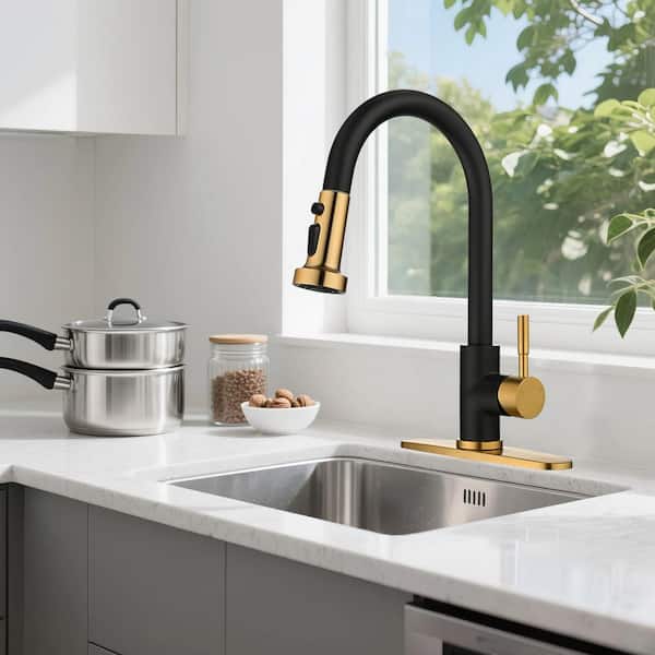 3-Mode Single Handle Pull Down Sprayer Kitchen Faucet with Deckplate in Gold and Black