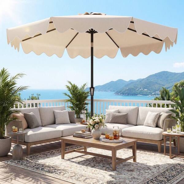 beige patio umbrella 3 Tier with Lights For use either through a table with a 45lb base or freestanding with a 75 lb Clihome 10 ft. Ruffled Edge