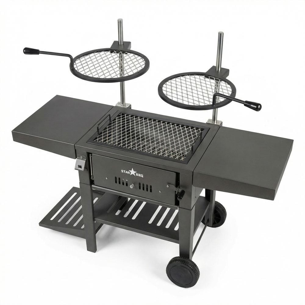 24 in. Portable Charcoal Grill Base in Black w/Post-Mount Griller Rim and ExGrate Cooking Grate and BBQ Cart