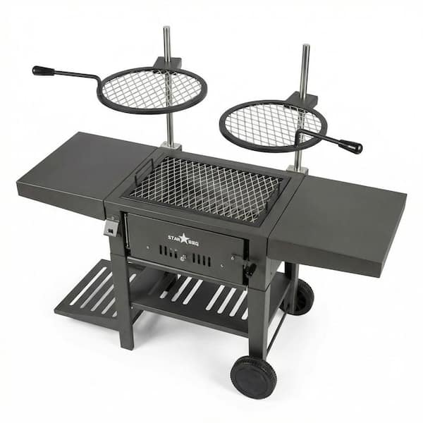 24 in. Portable Charcoal Grill Base in Black w/Post-Mount Griller Rim and ExGrate Cooking Grate and BBQ Cart