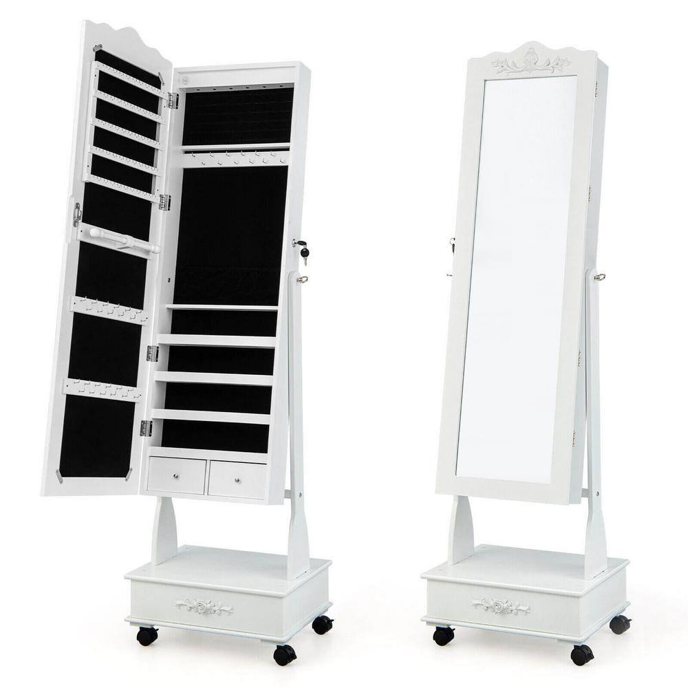 Mecale White Rolling Floor Standing Mirrored Jewelry Armoire with