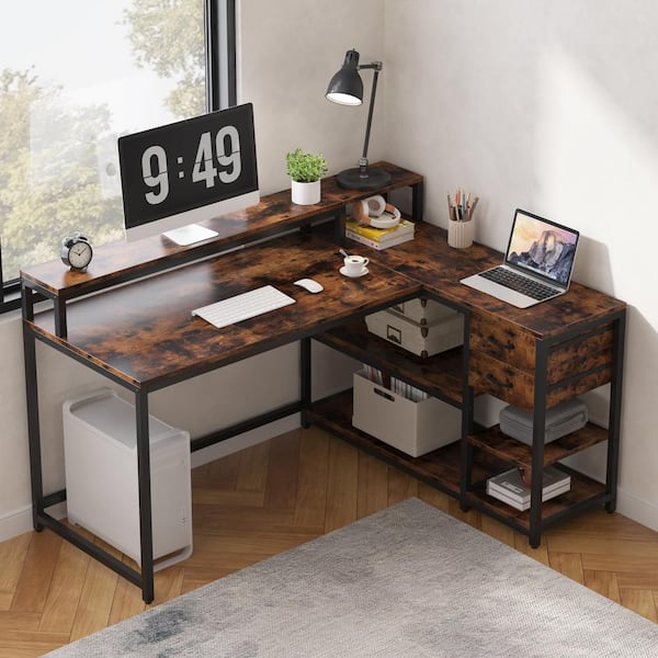 【2024年新作】 Lanita BYBLIGHT 55.1 and Brown Desk Shaped L Reversible in. テーブル・机