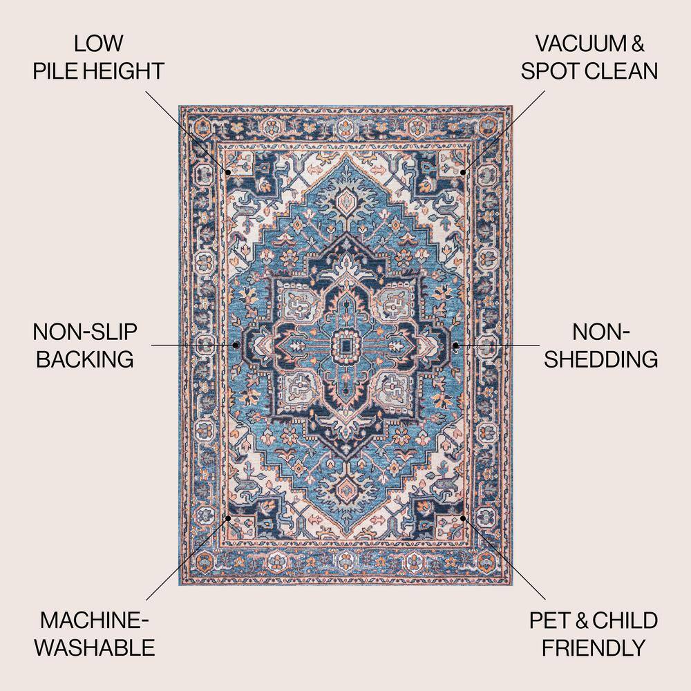 Cirali Blue and Beige Medallion Washable Area Rug
