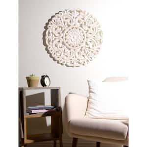 Round Decorative Whitewashed Carved Wood Wall Panel