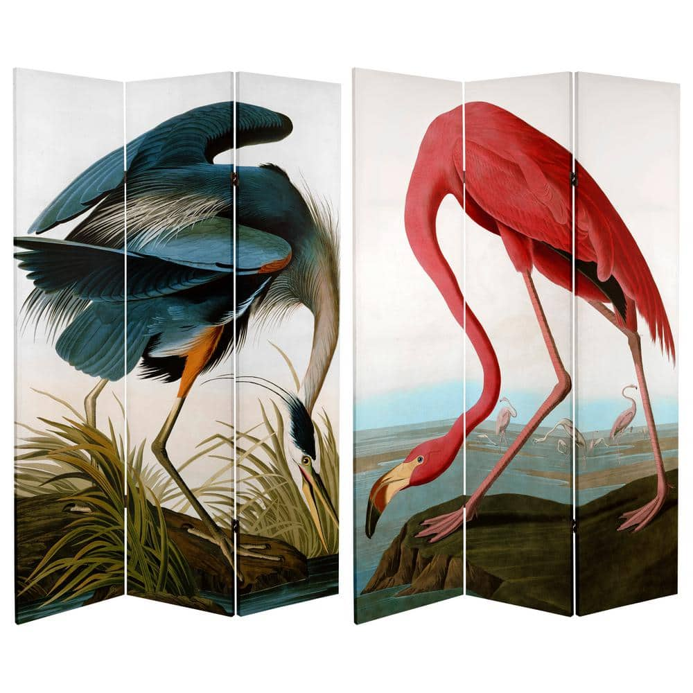 Oriental Furniture 6 ft. Tall Audubon Heron & Flamingo Canvas Screen- 3 Panel