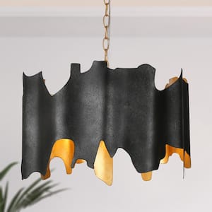 Dracaena 4-Light Gold Leaf Geometric Chandelier with Textured Black Metal Shade, No Bulb Included