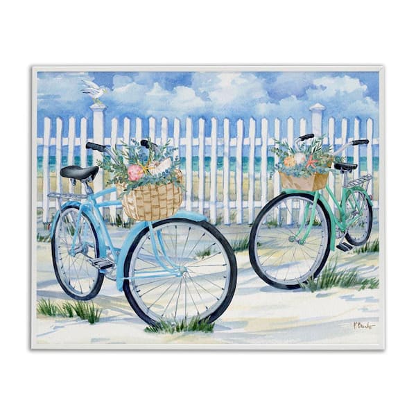 Bicycles at Beach Fence by Paul Brent White Framed Typography Giclee Art Print 11 in. x 14 in.