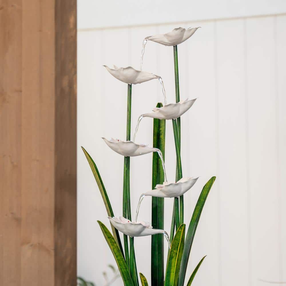 Tall Black and White Metal Multi-Tiered Flower Water Fountain with LED Lights