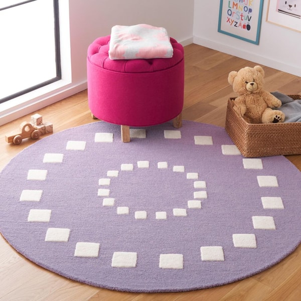Kids 5 ft. x 5 ft. Purple/Ivory Geometric Border Radial Round Area Rug
