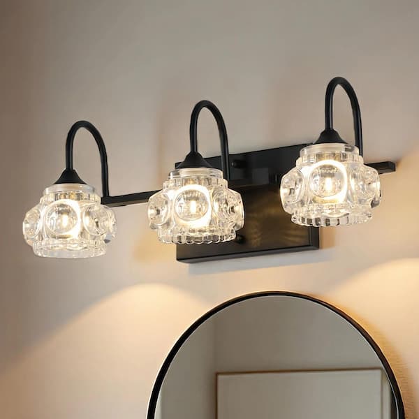 18 in. 3-Light Matte Black and Metal Vanity Light with Clear Glass Shades for Bathroom (Bulbs Not Included)
