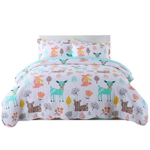 MarCielo XL007 White/Multi Forest Deer Full Cotton Quilt Bedspread Set