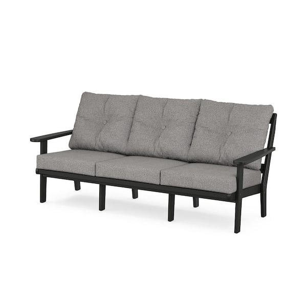 Trex Outdoor Furniture Cape Cod Plastic Outdoor Deep Seating Couch in Charcoal Black with Grey Mist Cushions